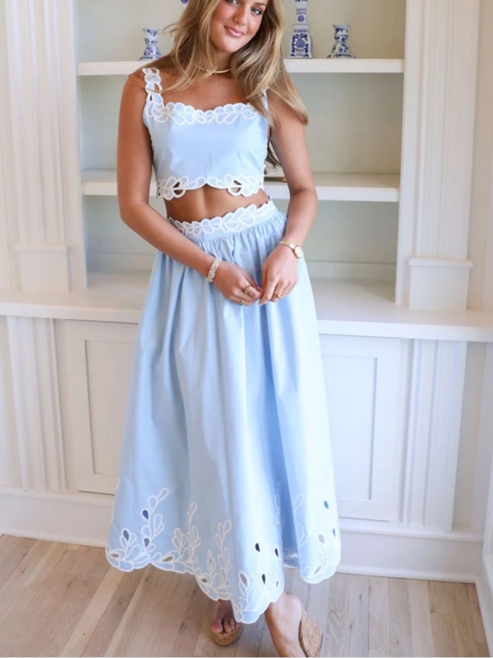 Cocolillys Olivia Two-Piece Blue Eyelet Midi Skirt Set